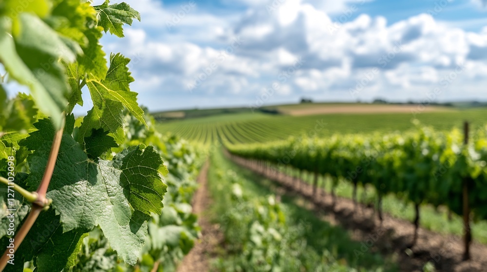 Expansive View of Lush Vineyard Landscape with Rows of Green Grapes Under a Bright Blue Sky : Generative AI Expansive View of Lush Vineyard Landscape with Rows of Green Grapes Under a Bright Blue Sky : Generative AI