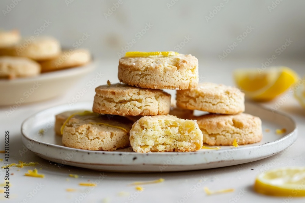 Fresh lemon biscuits on white plate with lemon garnish. AI image Fresh lemon biscuits on white plate with lemon garnish. AI image