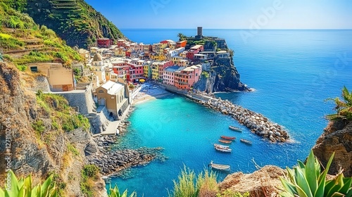 The picturesque Cinque Terre villages in Italy cling to rugged cliffs, overlooking the turquoise Mediterranean.