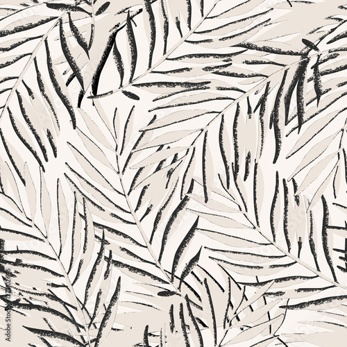 Grunge textured palm leaves seamless pattern. Abstract tropical jungle background