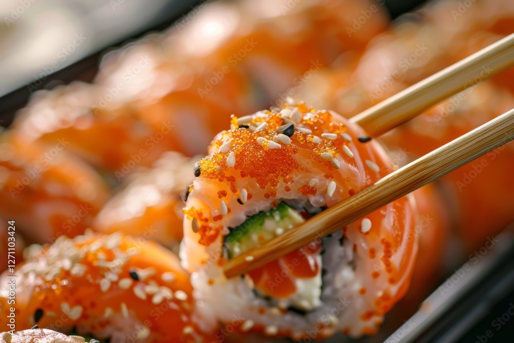 Vibrant sushi roll in focus, held by chopsticks. AI image Vibrant sushi roll in focus, held by chopsticks. AI image