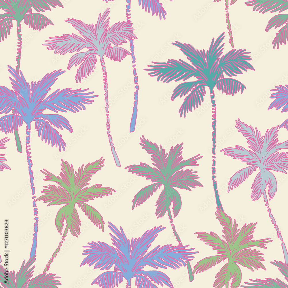 Colorful vivid palm tree silhouettes, outlines seamless pattern. Colorful vivid palm tree silhouettes, outlines seamless pattern.
