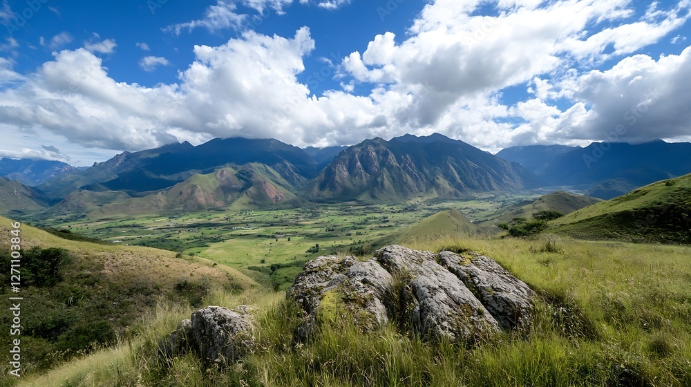 Fototapeta premium Stunning panoramic view of rolling green hills under a picturesque sky with fluffy clouds : Generative AI