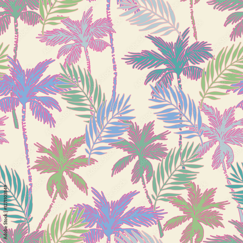 Colorful vivid palm tree silhouettes, outlines seamless pattern. Colorful vivid palm tree silhouettes, outlines seamless pattern.