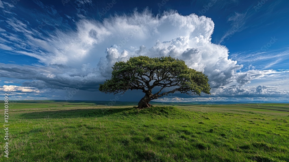 Lone tree on grassy plain under dramatic sky Lone tree on grassy plain under dramatic sky