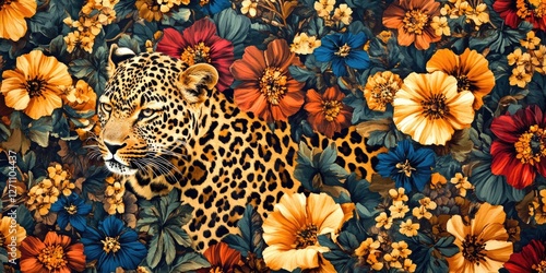 A jaguar portrait overlaid on a vibrant floral background. photo