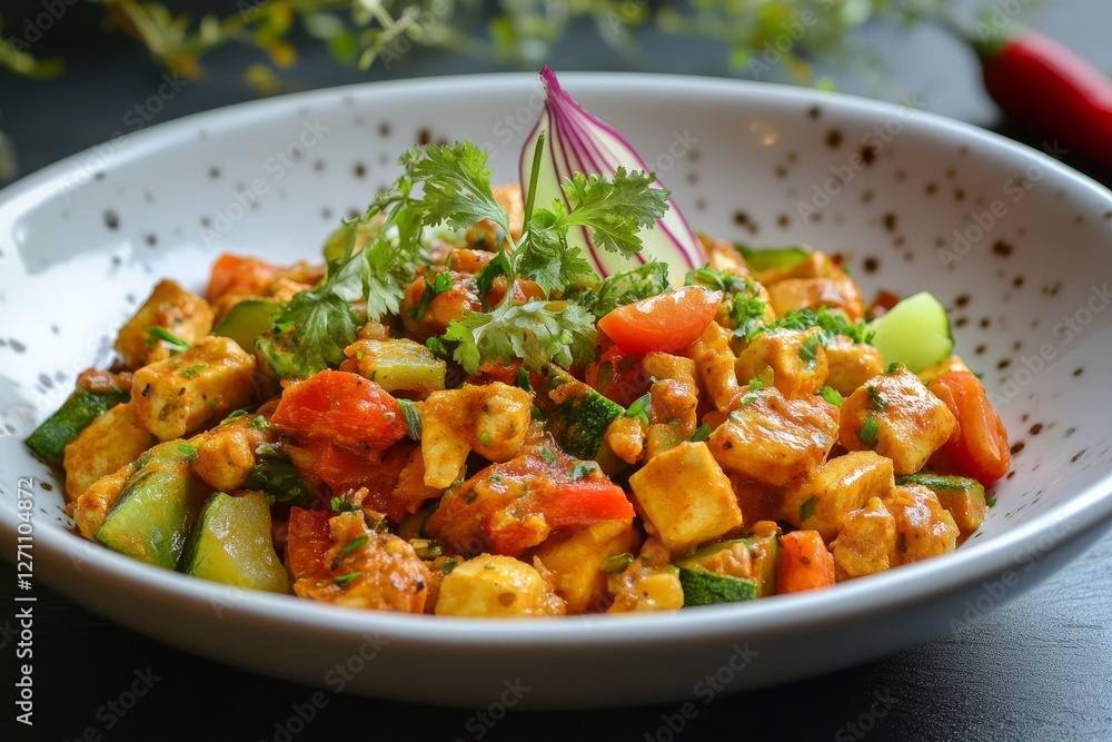 Spicy Tofu and Vegetable Medley - A vibrant and flavorful tofu stir-fry, featuring colorful vegetables, a creamy sauce, and fresh herbs. Symbolizing health, freshness, plant-based eating Spicy Tofu and Vegetable Medley - A vibrant and flavorful tofu stir-fry, featuring colorful vegetables, a creamy sauce, and fresh herbs. Symbolizing health, freshness, plant-based eating