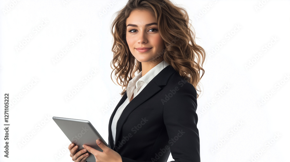 Confident businesswoman in suit holding tablet, isolated on white background Confident businesswoman in suit holding tablet, isolated on white background