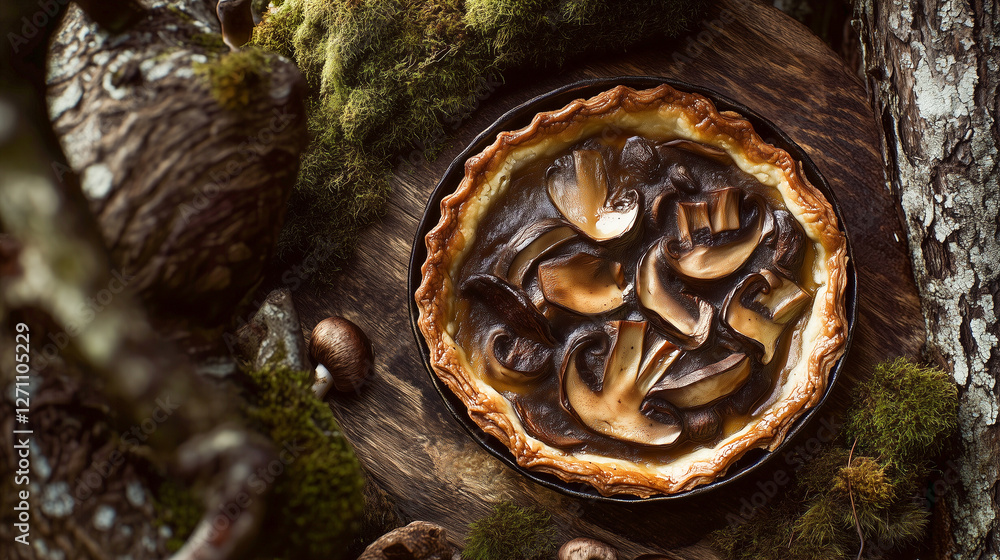 A dark, moody serving of a mushroom tart pie on a rustic wooden board, surrounded by elements of nature - tree bark and clusters of moss. A dark, moody serving of a mushroom tart pie on a rustic wooden board, surrounded by elements of nature - tree bark and clusters of moss.