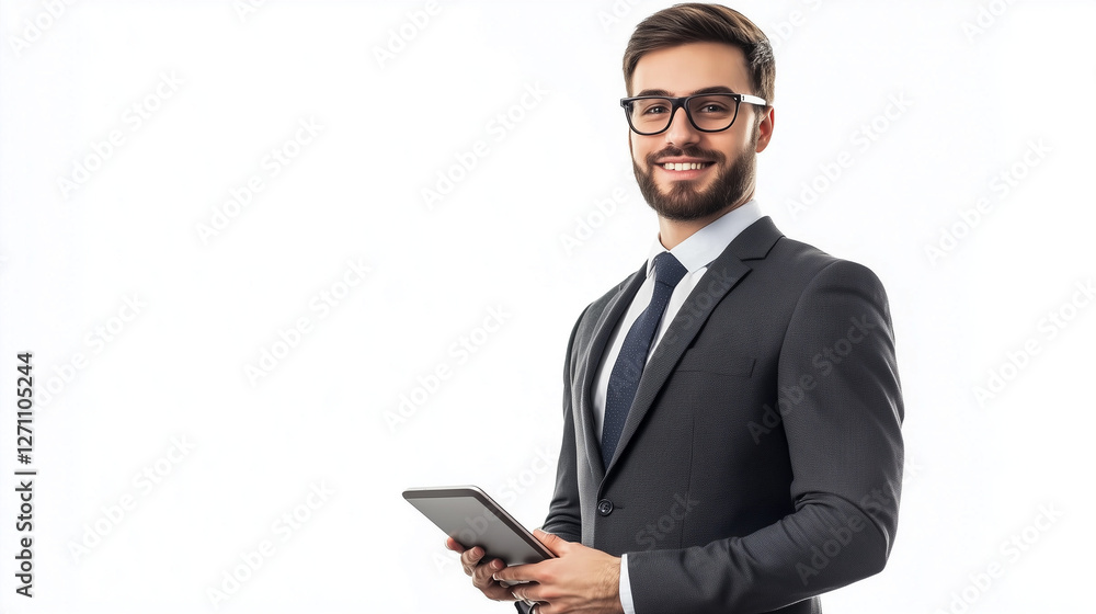 Confident businessman in suit holding tablet, isolated on white background Confident businessman in suit holding tablet, isolated on white background