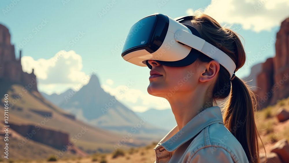 A person wearing a virtual reality headset, immersed in a simulated environment that blends with the real world. A person wearing a virtual reality headset, immersed in a simulated environment that blends with the real world.