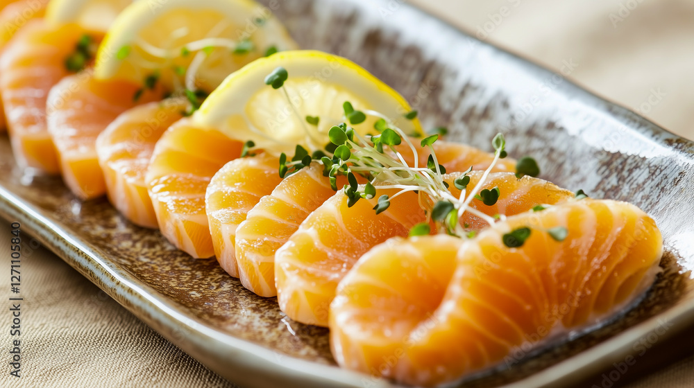 Slices of Norwegian smoked salmon elegantly served on a ceramic rectangle shape plate with lemon and microgreens. Slices of Norwegian smoked salmon elegantly served on a ceramic rectangle shape plate with lemon and microgreens.