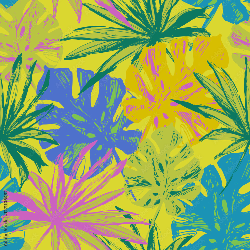 Fototapeta premium Colorful tropical leaves seamless pattern. Summer palm leaf background.