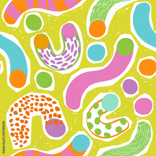 Geometry simple minimal shapes, forms wallpaper. Abstract geometric lines, circles, doodles, squiggles seamless pattern.