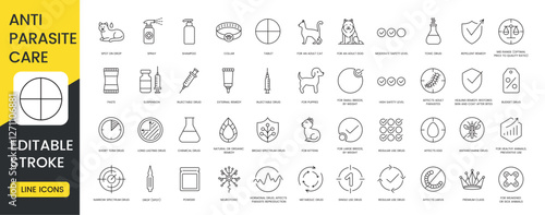 A set of anti parasite care icons in vector representing various treatments medications and classifications for pet health with an editable stroke