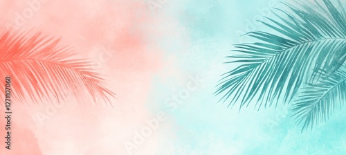 Tropical Summer Background, Palm Leaves On Blue And Coral Gradient, Watercolor Texture, Copy Space.
