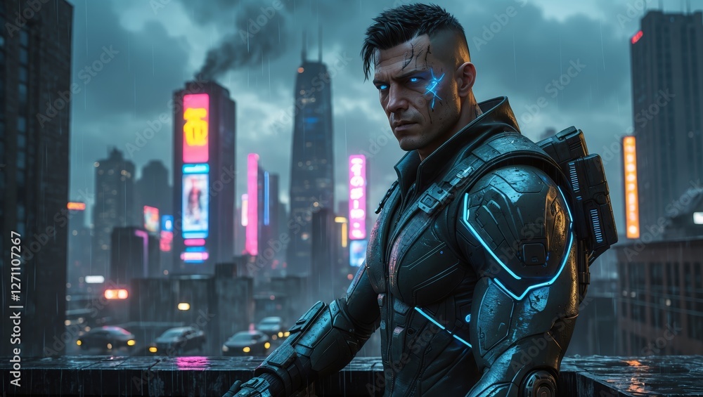Naklejka premium Cybernetic warrior stands on a rainy rooftop overlooking a futuristic city at dusk