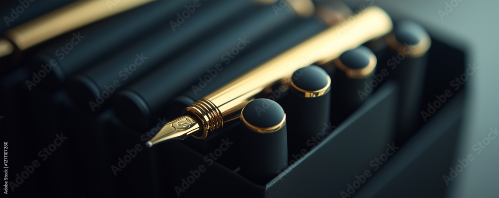 Obraz premium Collection of identical black pens in a sleek holder with a gold accented pen on top