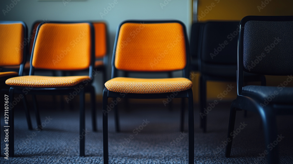 Obraz premium Unique orange chair stands out among identical black chairs in a minimalist setting