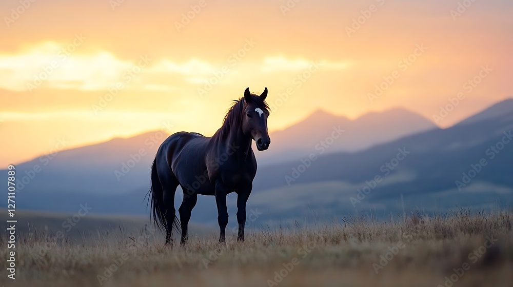 Majestic black horse standing in a golden field during sunset with mountains in the background : Generative AI Majestic black horse standing in a golden field during sunset with mountains in the background : Generative AI