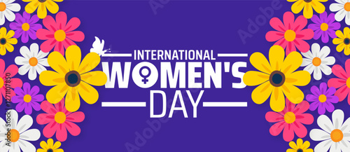 International Women's Day background banner or poster design template with women icon and flower. observed every year in March. Holiday concept. Use to any Template, card, poster, placard, template.