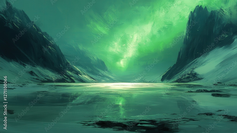 Fototapeta premium frozen lake under a green aurora, with shimmering reflections on the icy surface.