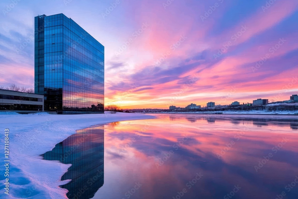 Fototapeta premium Modern Glass Skyscraper Sunset Reflection - A modern glass skyscraper reflects a vibrant sunset over a calm river, symbolizing progress, tranquility, beauty, reflection, and urban development
