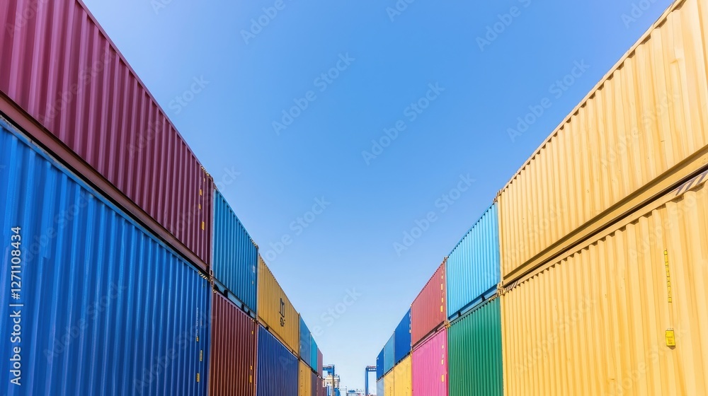 Fototapeta premium Colorful shipping containers stacked in a port terminal under a clear blue sky.