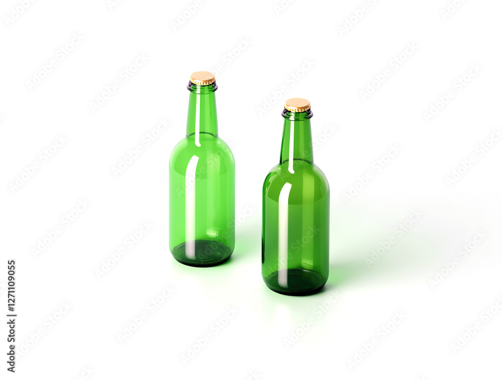 Two green glass bottles with yellow cap on white background Two green glass bottles with yellow cap on white background