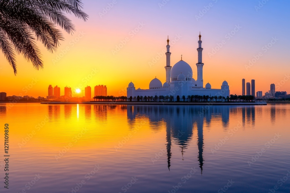 Sunrise Mosque Reflection - Majestic mosque at sunrise, reflected in calm waters, cityscape in background. Serene and peaceful scene Sunrise Mosque Reflection - Majestic mosque at sunrise, reflected in calm waters, cityscape in background. Serene and peaceful scene