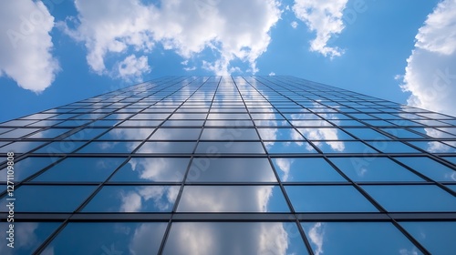 Modern Skyscraper with Reflections of Clouds in Glass Windows Under a Blue Sky : Generative AI photo