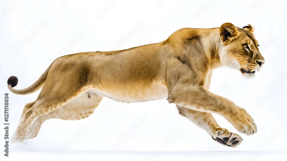 Obraz premium Graceful female lion leaping in motion with elegant pose against isolated white background, majestic African wildlife photography, powerful lioness hunting movement pose