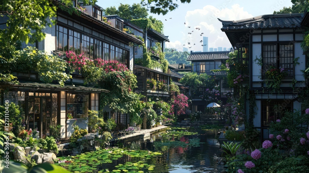 Obraz premium Picturesque Asian Canal Town with Lush Greenery and Traditional Architecture