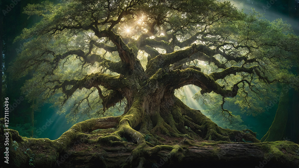 Fototapeta premium An ancient, gnarled tree stands majestically. Its moss-covered roots grip the earth, and sunlight filters through its sprawling branches.