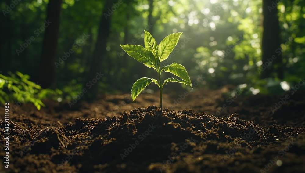 Seedling Growth: A Tiny Sprout Emerges in Forest Soil, Reaching for Sunlight, Representing New Life and Rebirth in Nature's Embrace. Seedling Growth: A Tiny Sprout Emerges in Forest Soil, Reaching for Sunlight, Representing New Life and Rebirth in Nature's Embrace.