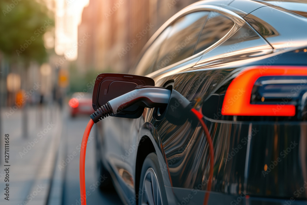 new energy car is charging with portable EV charger in urban setting, showcasing modern technology and sustainability. scene captures essence of eco friendly transportation new energy car is charging with portable EV charger in urban setting, showcasing modern technology and sustainability. scene captures essence of eco friendly transportation