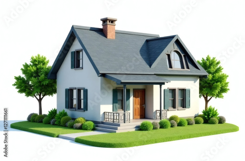 House 3D model isolated on white background, house in white and grey colours 