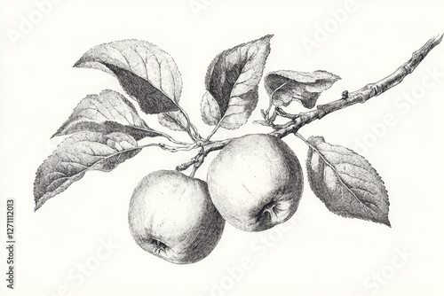 Vintage Apple Branch Engraving Illustration - Botanical illustration of two apples on a branch with leaves. Symbolizing: nature, harvest, growth, abundance, tranquility