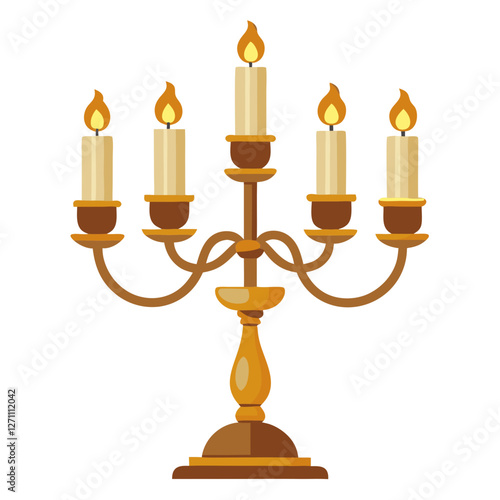 Vintage candelabra candleholders display five lit candles, casting a warm glow in an antique setting. These ornate pieces serve as perfect decorative elements for enhancing ambiance