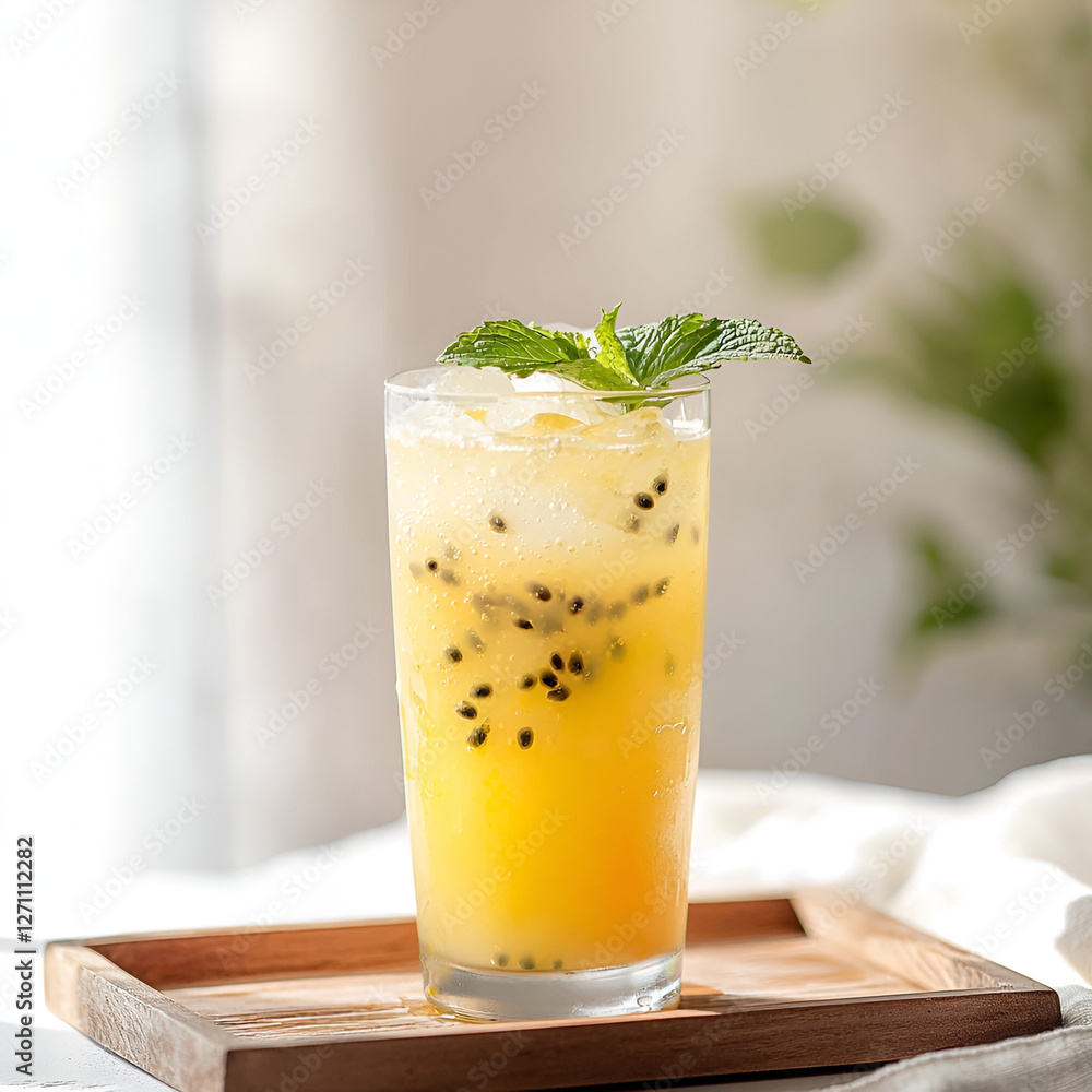 Refreshing passion fruit drink with ice cubes and mint sprig, served on a wooden tray in a light setting. Refreshing passion fruit drink with ice cubes and mint sprig, served on a wooden tray in a light setting.