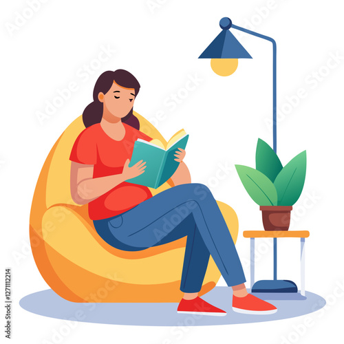 A woman sits comfortably in a soft bean bag, absorbed in a book. A warm light from a nearby lamp adds to the cozy atmosphere. A plant sits beside her, enhancing the tranquility of the moment