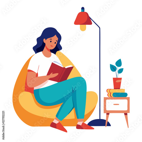 A woman sits on a soft bean bag, deeply engrossed in a book, as a warm lamp illuminates her cozy nook. Nearby, a small table holds plants and stacked books, enhancing the relaxing atmosphere