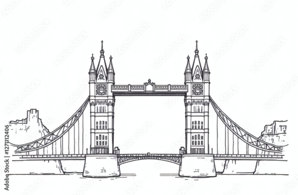 Obraz premium London skyline in black and white colours isolated on white background, good for coloring book, Tower bridge 