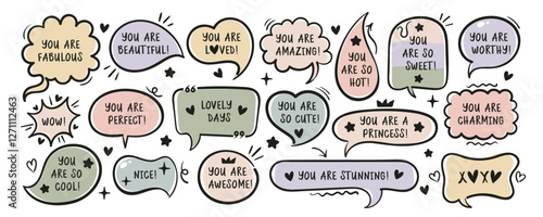 Collection of doodle speech bubbles with love quotes and compliments with black strokes. Vector for romantic Valentines day projects. Isolated on white background.