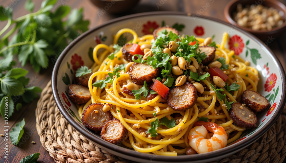 Vibrant Vietnamese Mi Quang noodles in rustic bowl, culinary delight Vibrant Vietnamese Mi Quang noodles in rustic bowl, culinary delight