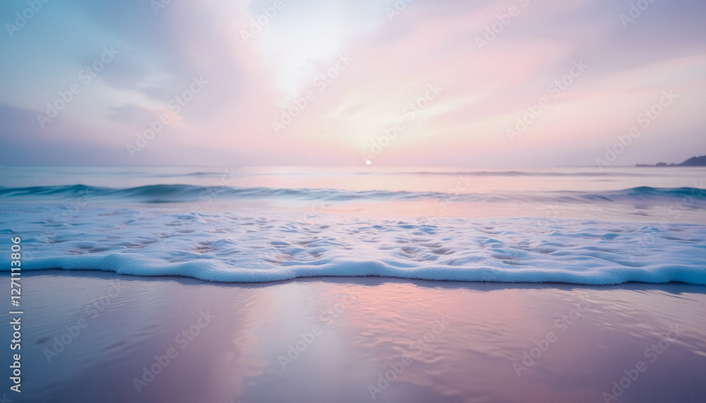 Obraz premium Gentle ocean waves roll onto the shore, bathed in the warm, soft light of sunrise, creating a dreamy seascape.