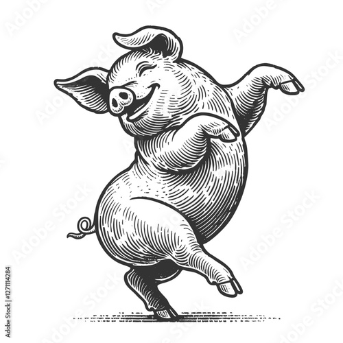 cheerful pig joyfully dancing on its hind legs, drawn in an engraved, woodcut style with fine details sketch engraving generative ai vector illustration. Scratch board imitation. Black and white image