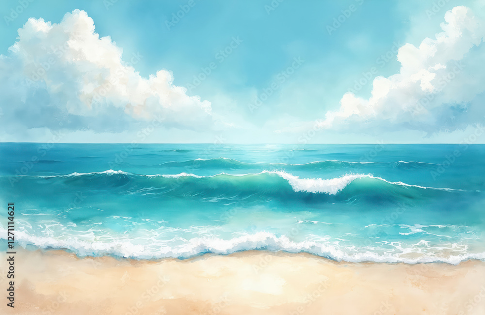 Watercolor turquoise ocean beach illustration with clouds, summer vacation mood. Fresh, cheerful, relaxing seascape concept. Positive tones wallpaper. Calm water, sea waves, light sand coast. Marine Watercolor turquoise ocean beach illustration with clouds, summer vacation mood. Fresh, cheerful, relaxing seascape concept. Positive tones wallpaper. Calm water, sea waves, light sand coast. Marine