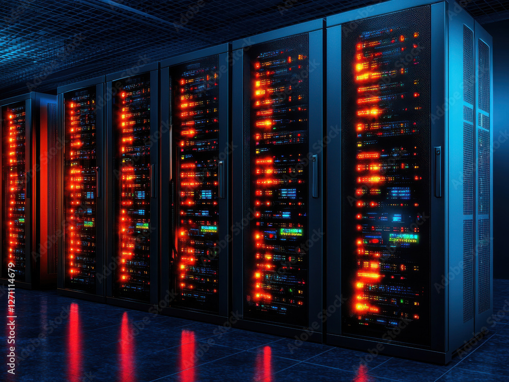 data processing system, High tech data processing center with illuminated server racks data processing system, High tech data processing center with illuminated server racks