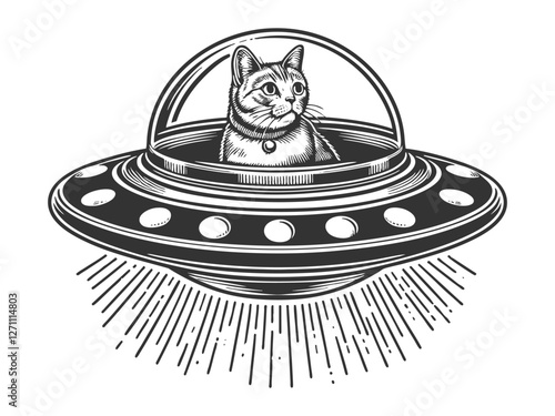 adorable cat inside a flying saucer, blending whimsical sci-fi, fantasy, and humor in a vintage artistic style sketch engraving generative ai vector illustration. Scratch board. Black and white image.